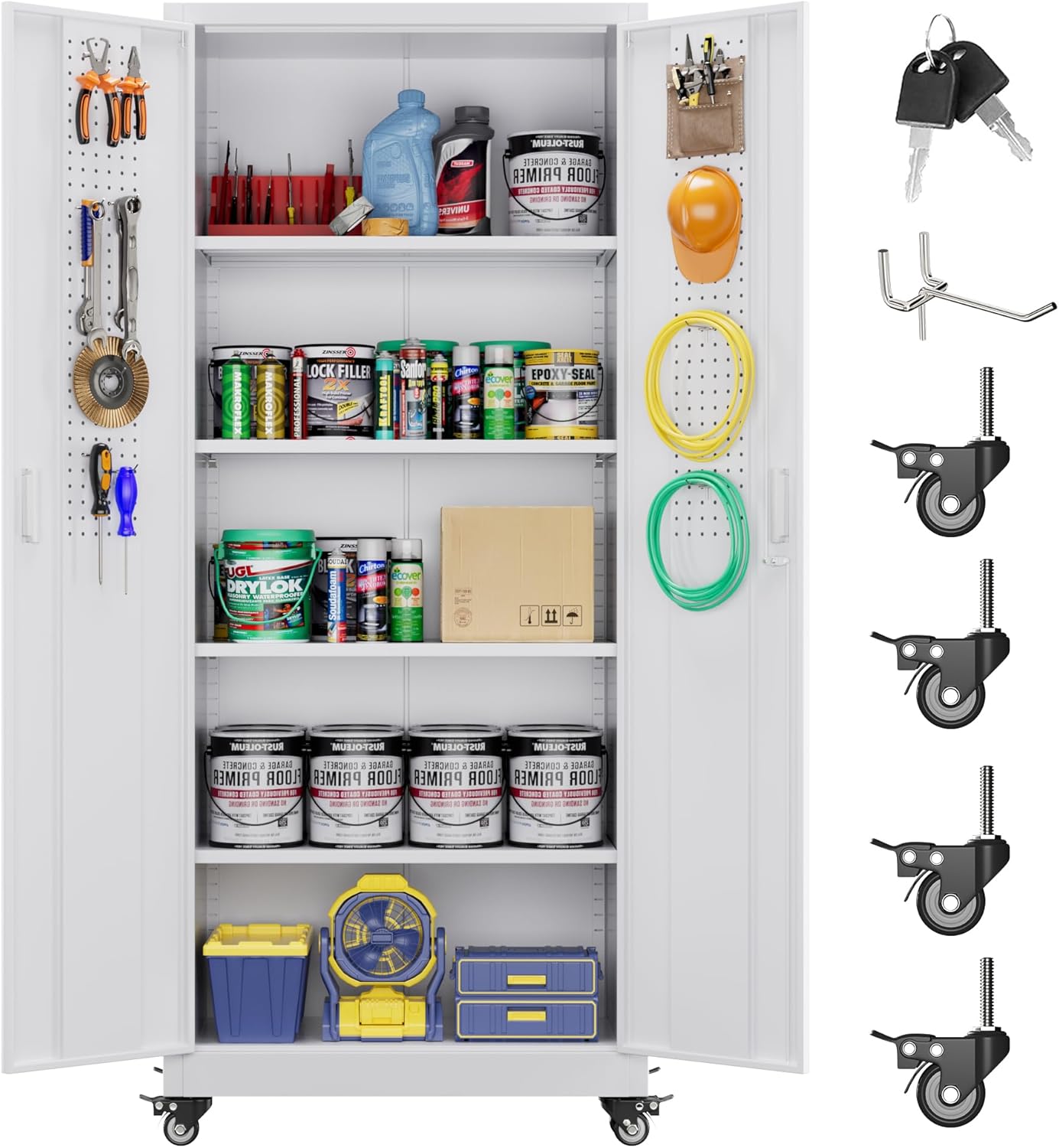 71" H Broom Storage Cabinet with Wheels and Doors,Rolling Tool Cabinet with Pegboard,Shelves and Rod for Garage Warehouse Home,Required Assembly,Black