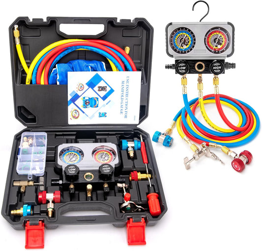 CMOOD AC Gauge Set R1234yf R134a Manifold Gauge Set for R1234yf R134a R404a Refrigerants, Automotive AC Manifold Gauge Set with Hoses Quick Couplers for Car Freon Charging & Evacuation