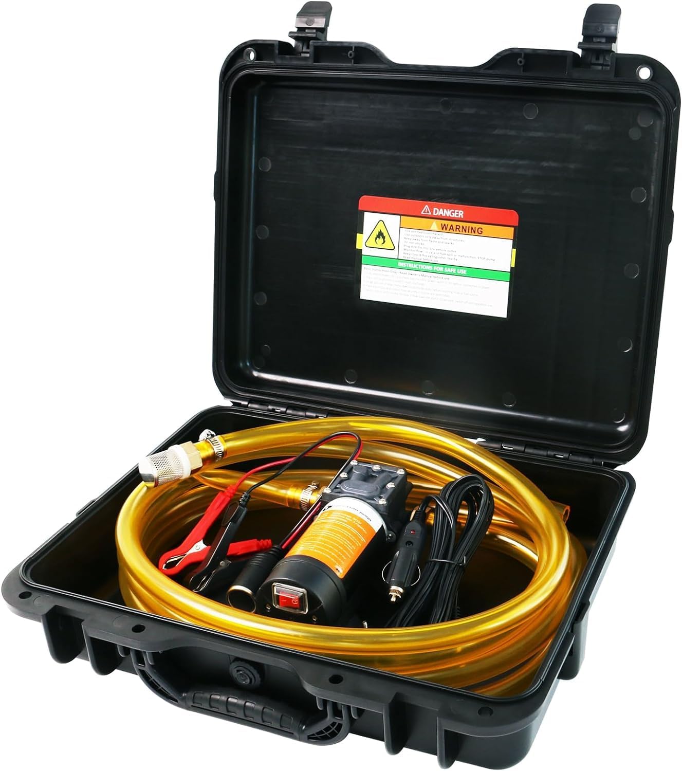 12V Fuel Transfer Pump Set,75W Gasoline Transfer Pump Moves 110 Gallons Of Gas Per Hour, with High Elastic Fuel Pipe & 2 Power Cables, Great for Vehicles, Boats, Equipment (110GPH-SET)