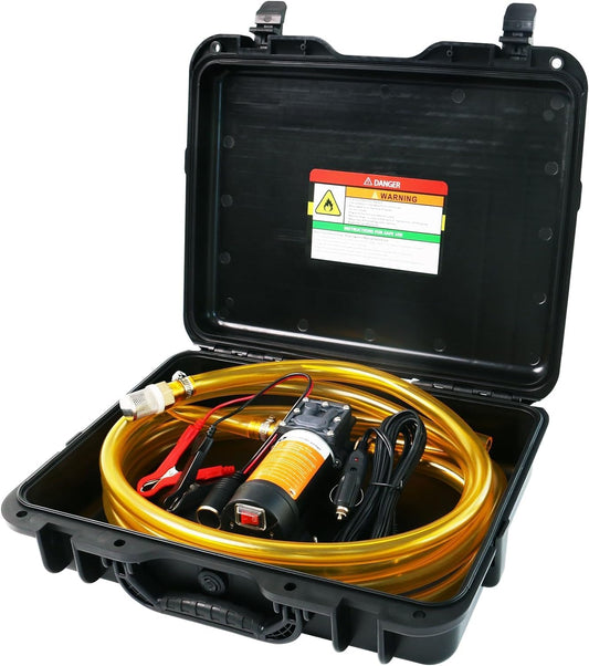 12V Fuel Transfer Pump Set,75W Gasoline Transfer Pump Moves 110 Gallons Of Gas Per Hour, with High Elastic Fuel Pipe & 2 Power Cables, Great for Vehicles, Boats, Equipment (110GPH-SET)