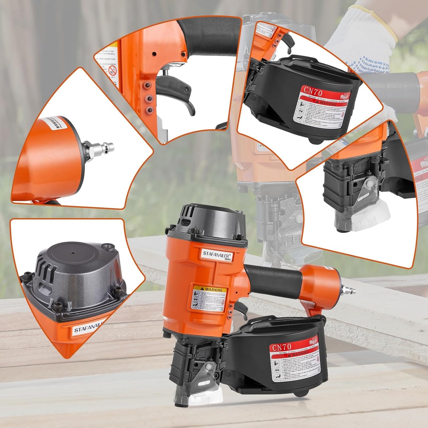 CN70 Pneumatic Siding Nail Gun for 1-3/4-Inch to 2-3/4-Inch 15-Degree Nails, Coil Siding Nailer with Rapid Shooting Rapid Shooting Engine for Pallets, Siding, Crating, Fencing, Decking