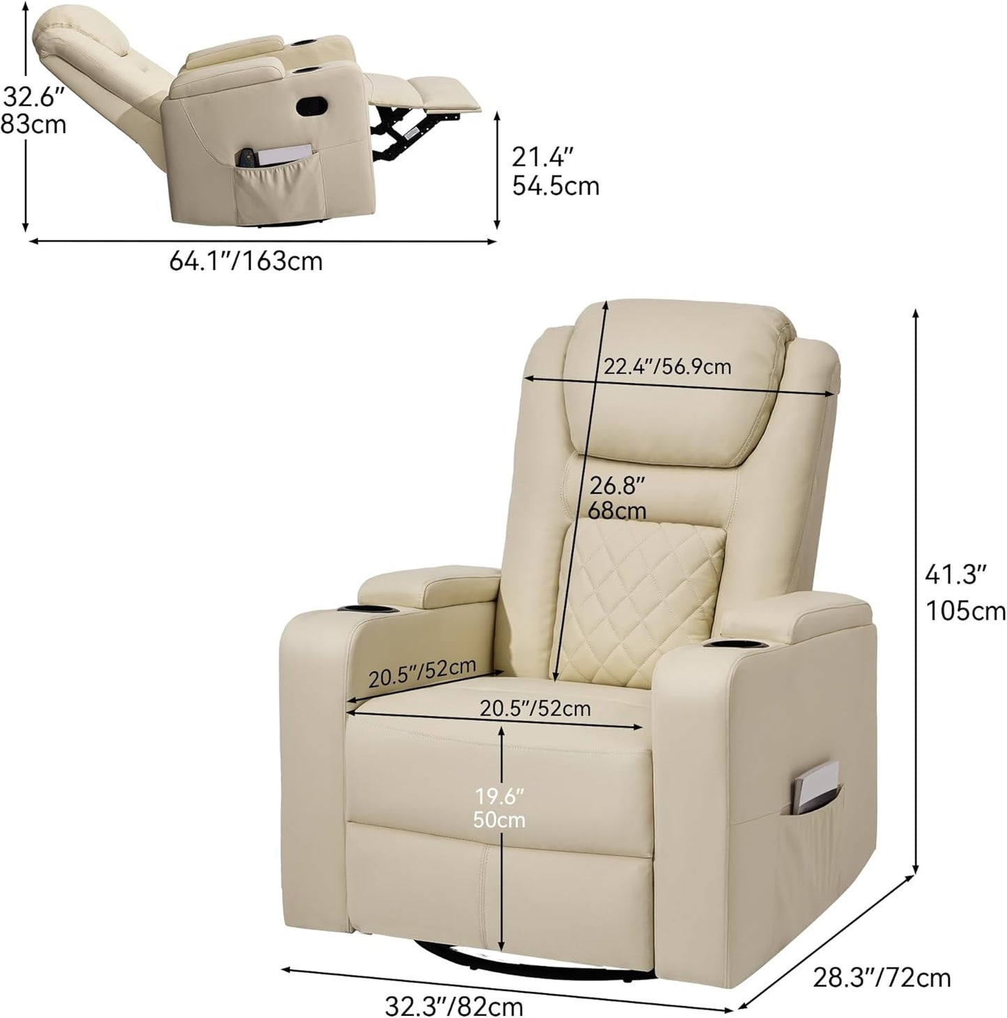 YITAHOME Swivel Rocking Recliner with Massage and Heat, Hidden Arm Storage, Faux Leather Rocker Recliner Chairs with Cup Holders, Comfy Home Theater Seating, Manual Recliner for Living Room, Beige2