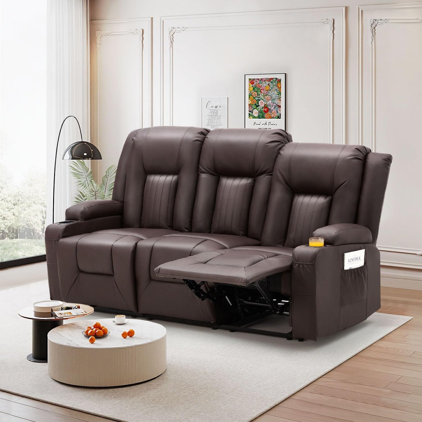 YODOLLA Massage Manual Recliner Chair with Heat, Leather Rocking Swivel Chair Lazy Boy Recliner Chair w/ 2 Side Pockages, 2 Cup Holders for Living Room, RV, Cream White