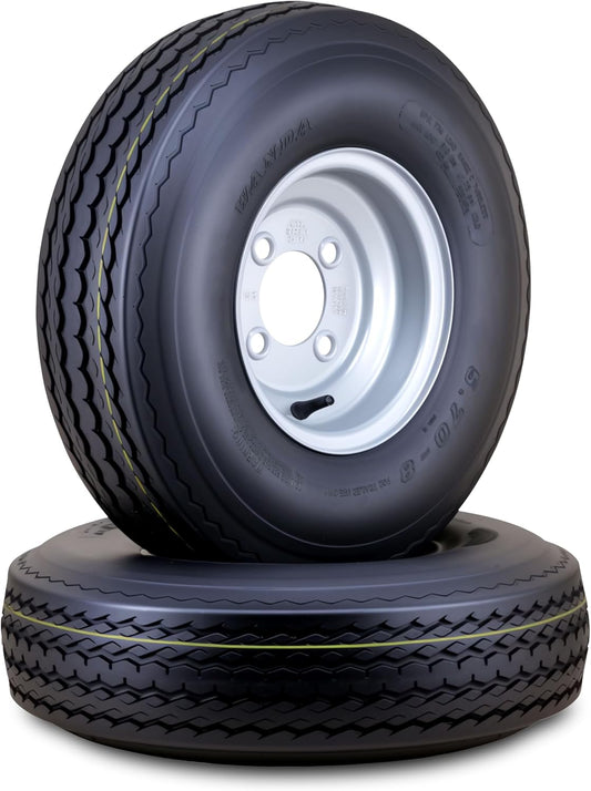 WANDA Trailer Tire Wheel Assembly 5.70-8 6-Ply C 77M with 4 Lugs on 4" PCD Silver Rim,SET 2