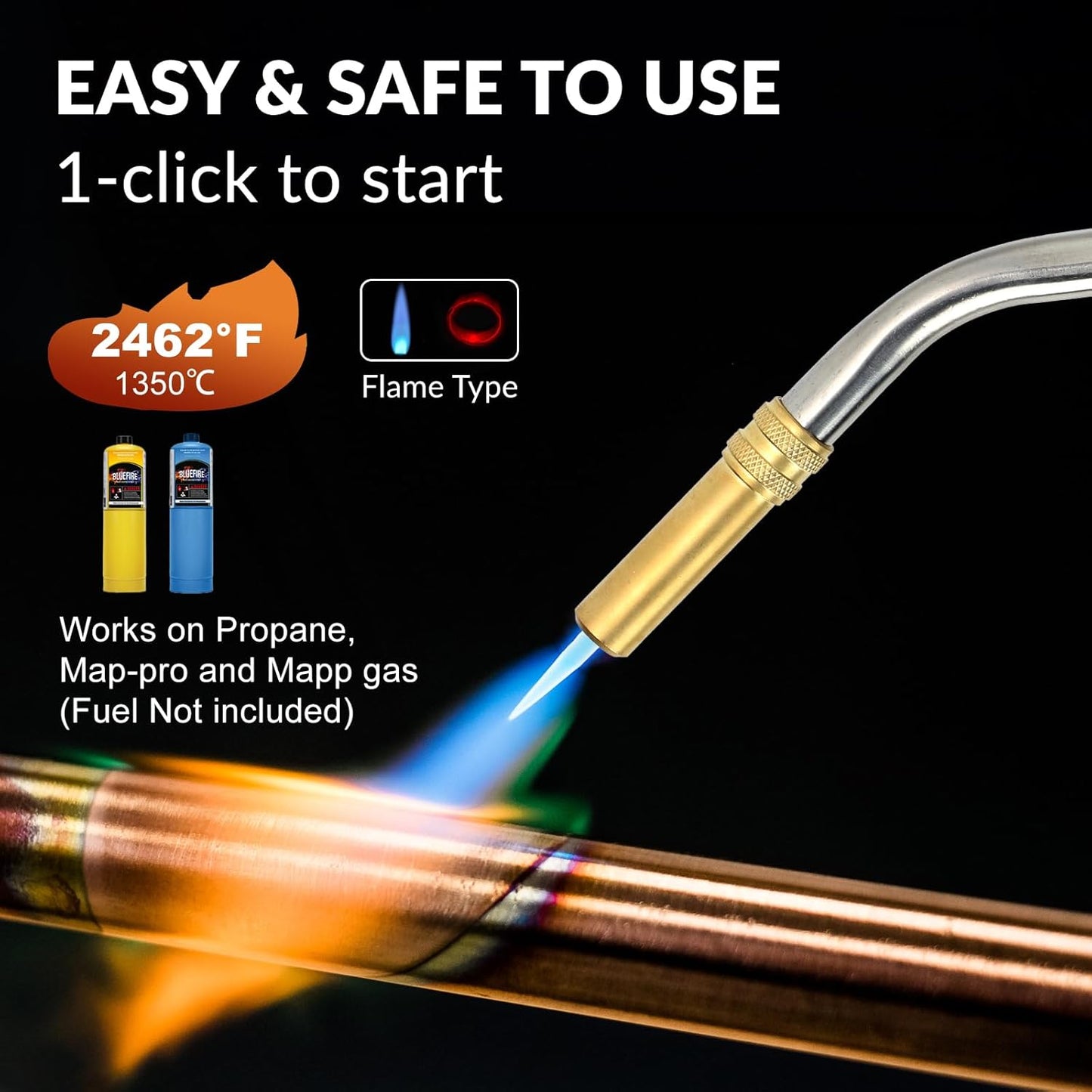 BLUEFIRE BTS-8090 Propane Torch Trigger Start Heavy Duty Gas Welding Head Adjustable Swirl Flame Hand Blow Torch Hold Portable Fuel by MAPP/MAP Pro/Propane Bottle Tank (Torch with MAPP Cylinder)