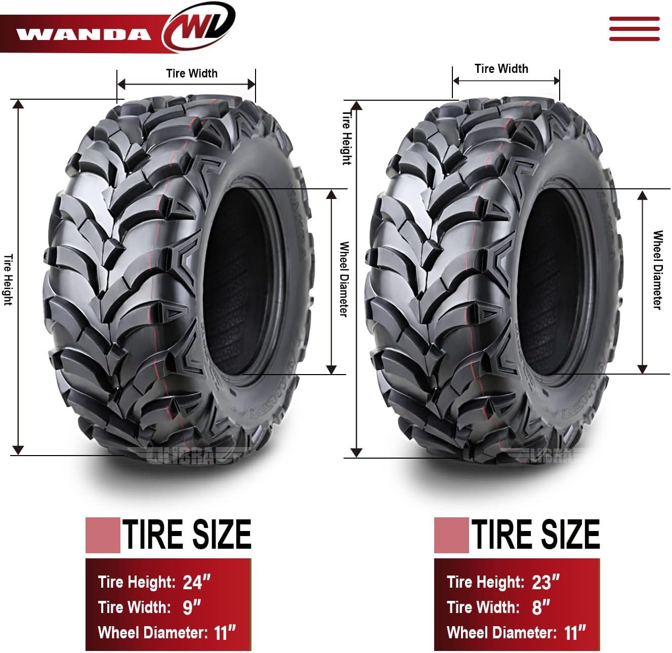 WANDA Full Set ATV tires 23x8-11 & 24x9-11 fit for 88-00 Honda TRX300 4x4 P341