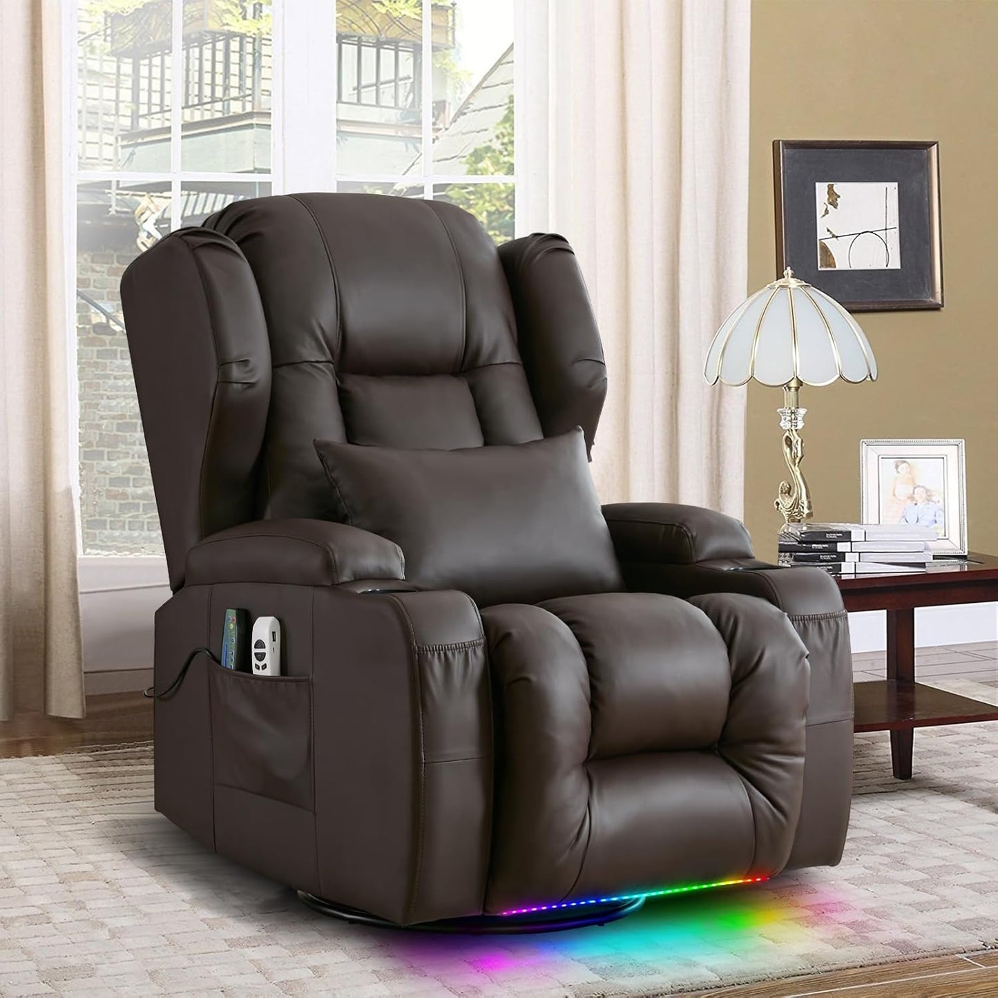 SENIFIS Velvet Grey Modern Swivel Glider Recliner Chair, 270 Rotation & 30 Rocking, Power Reclining, Massage & Heat, USB, LED Light, Cup Holder, Lumbar Pillow, Adult Living Room Chair