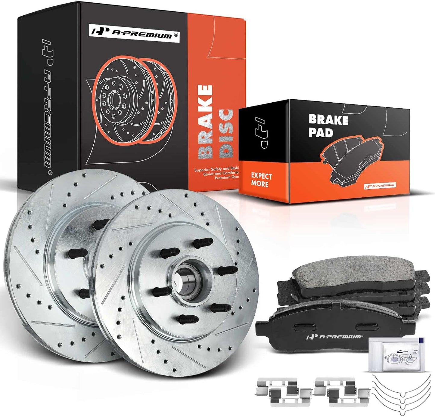 A-Premium 12.13 inch (308mm) Front Drilled and Slotted Disc Brake Rotors + Ceramic Pads Kit Compatible with Select Ford Models - For F-150 1997 1998 1999 2000 2001 2002 2003, 4WD 5-Lug, 6-PC Set