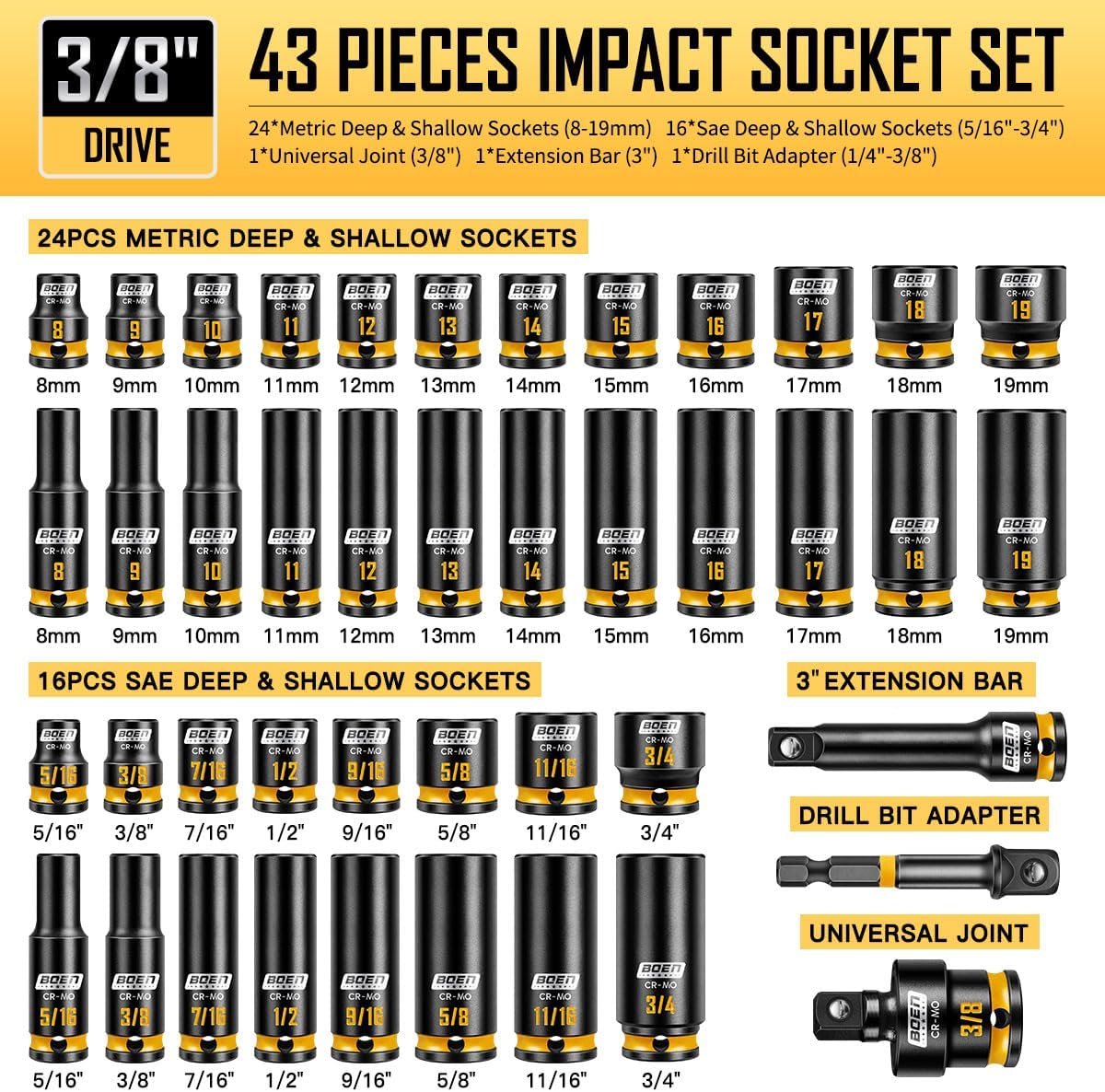 BOEN Pro 3\/8&#34; Drive Impact Socket Set, 43-Piece SAE(5\/16&#34;-3\/4&#34;) &amp; Metric(8-19mm) set, 6-Point Deep &amp; Shallow Kit with Deep Embossed and Painted Marking, CR-MO, Includes Extension Bar, Universal Joint