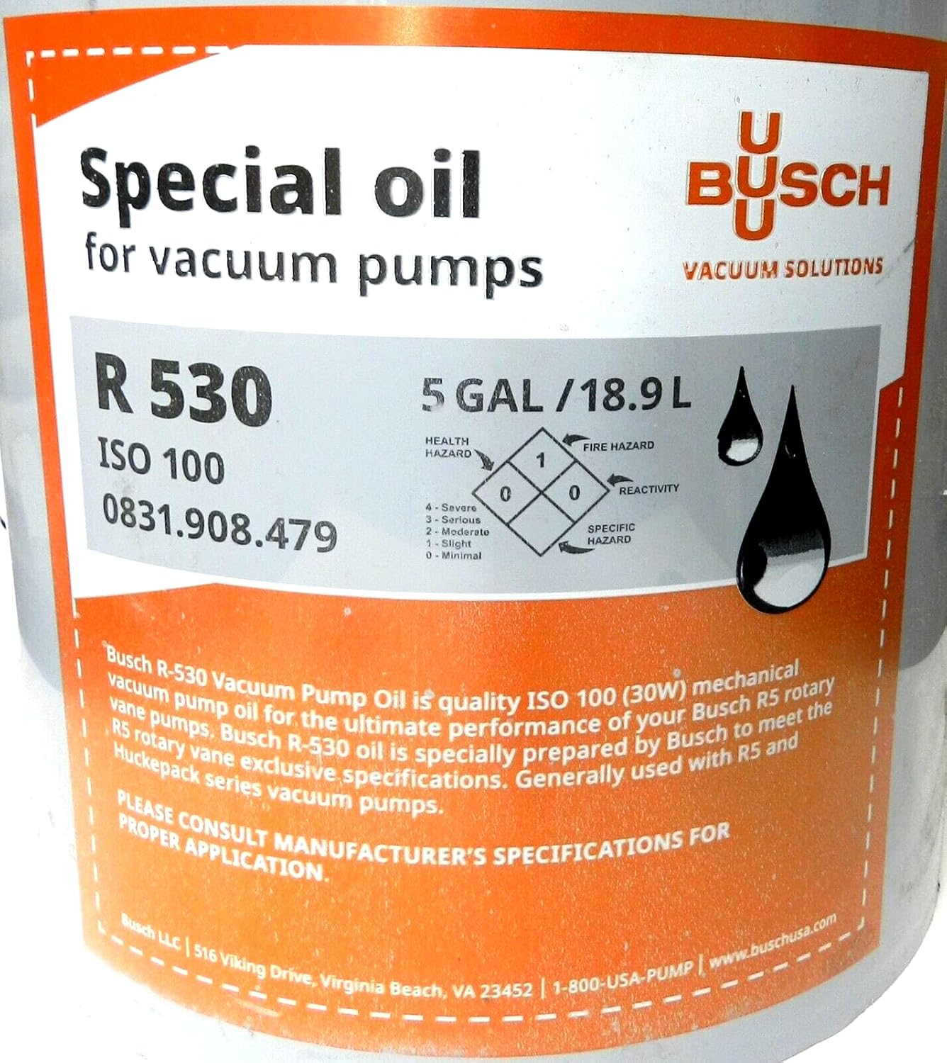 Busch Pump Oil 1 Quart Busch Vacuums Pumps Busch R-530 VM100