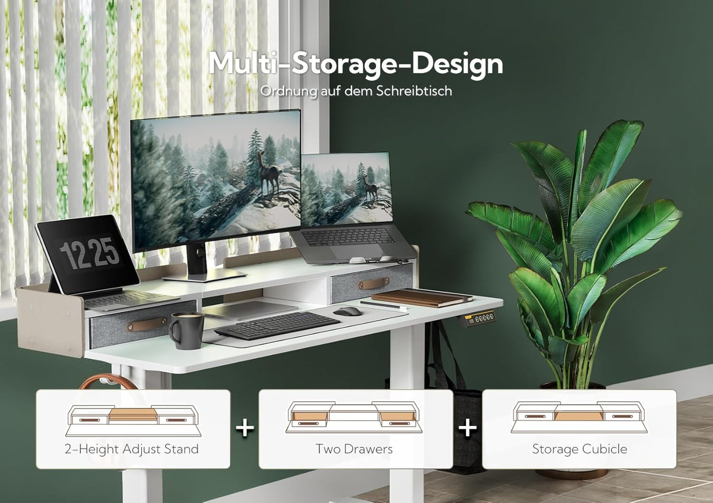 Claiks Standing Desk with Drawers, Adjustable Stand Up Electric Standing Desk Adjustable Height with Storage Shelf and Splice Board, 59 Inch, White