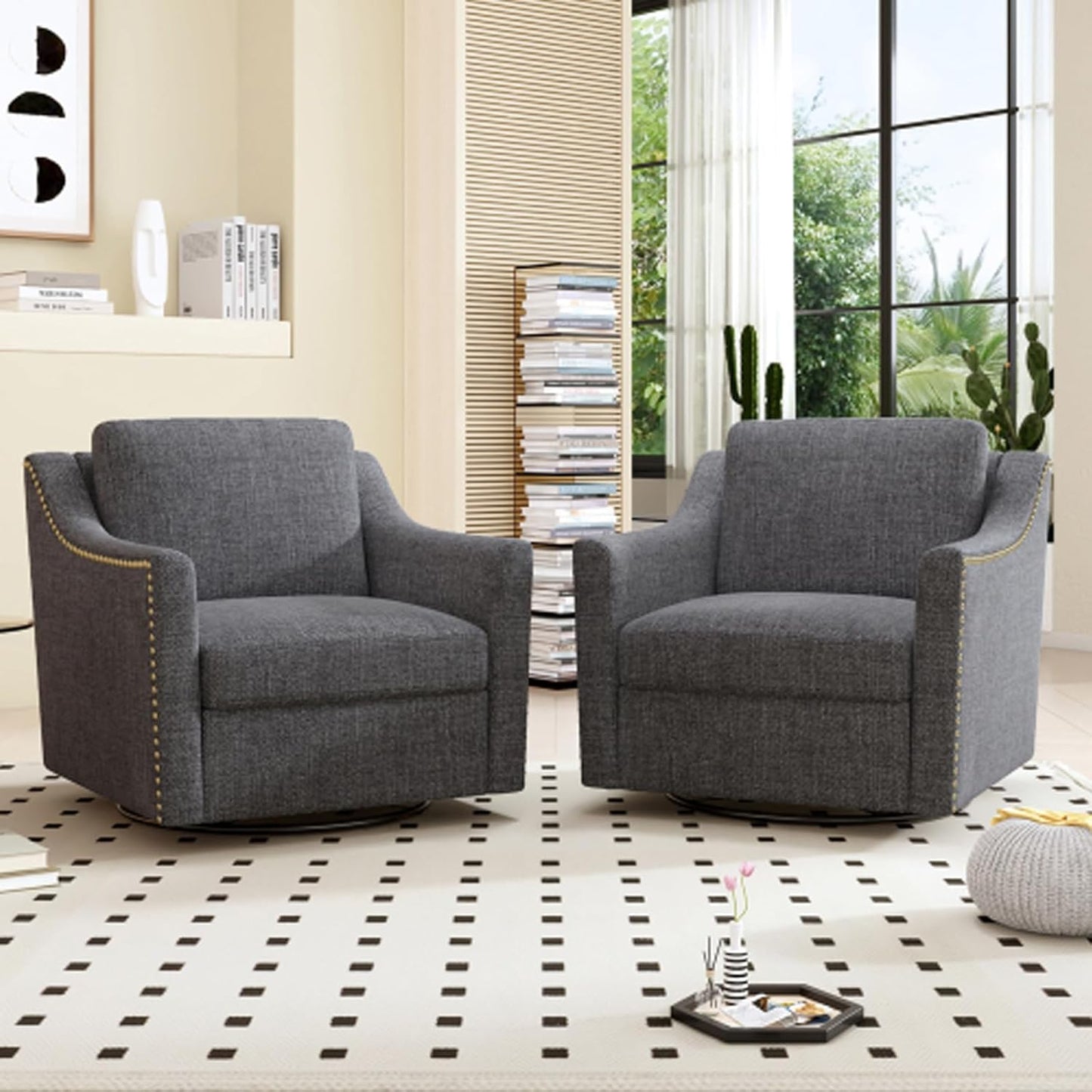360 Degree Swivel Armchair Brass Nail Decorative Armchair Living Room Chairs Bedroom Chairs Living Room Chairs Suitable for Indoor Homes (Cotton Linen-Foam,BlackGray)