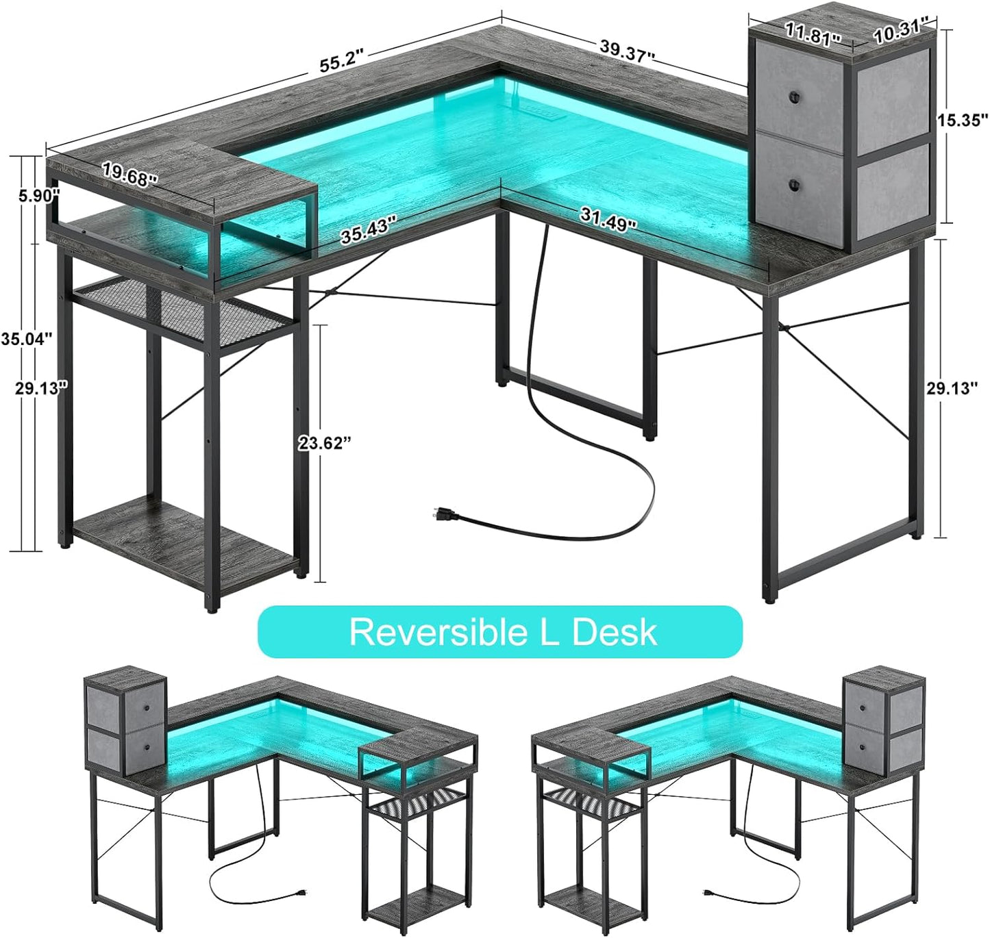 armocity L Shaped Desk with Drawers, Reversible Corner Computer Desk with LED Light & Power Outlet, 55.2'' L-Shaped Gaming Desk with Long Monitor Shelf, Home Office Desk for Small Corner Space, Grey