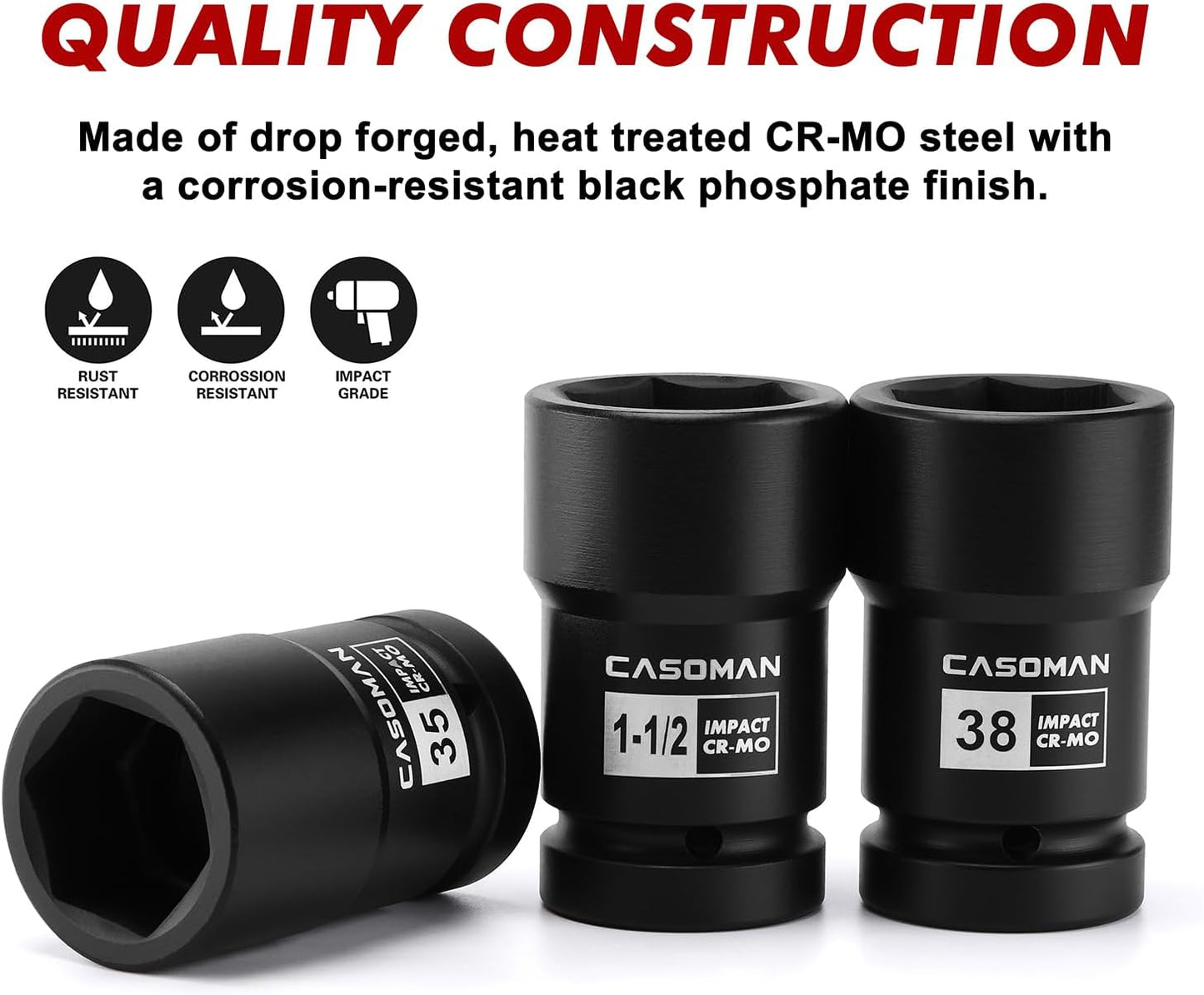CASOMAN 1-Inch Drive Budd Socket Set, 33mm,35mm,38mm,1-1/2",41mm, Metric & SAE, CR-MO