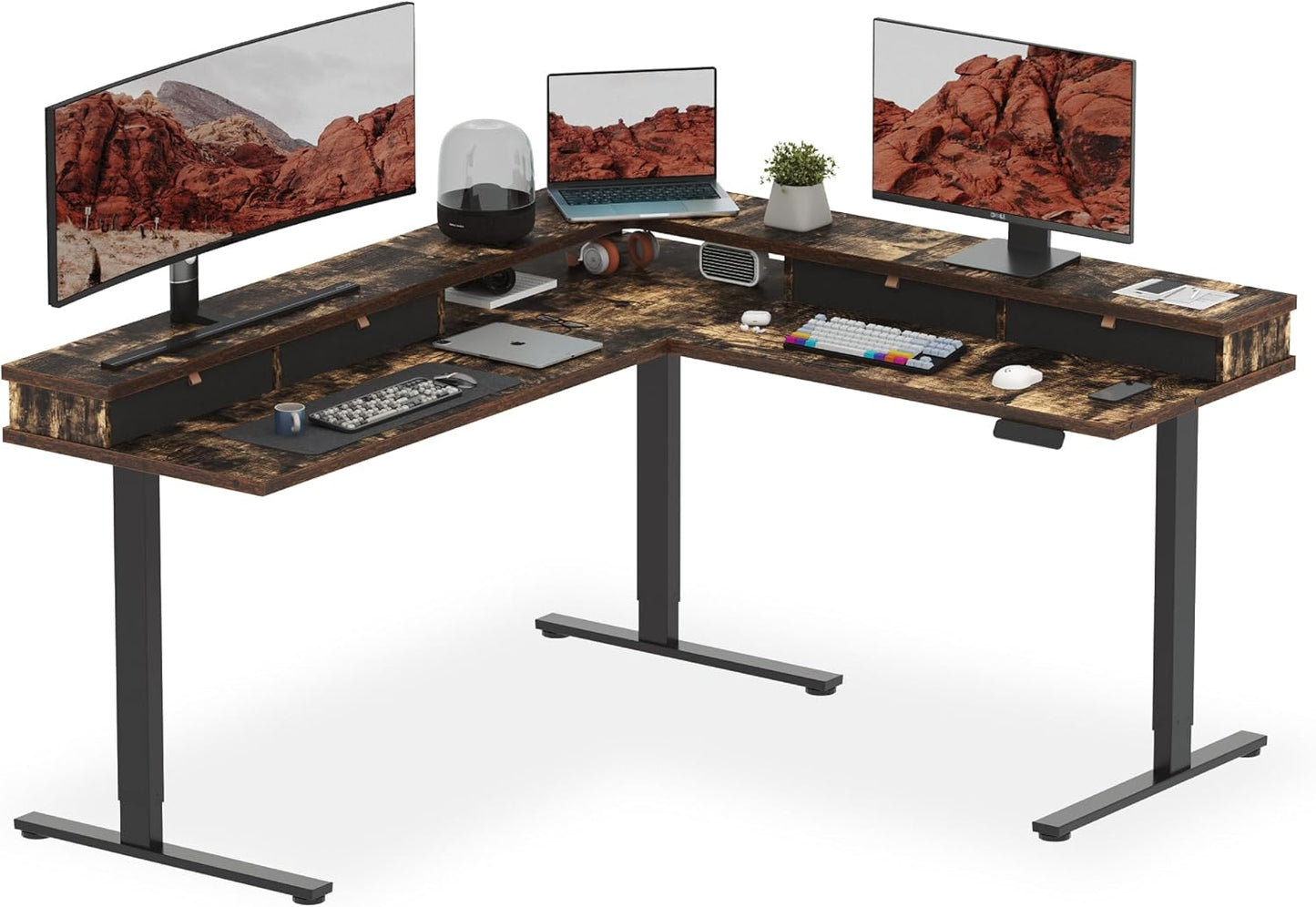 SANODESK 71" L Shaped Standing Desk with 4 Drawers, Height Adjustable Stand up Desk, Corner Gaming Desk with Monitor Stand, White Frame/White Top