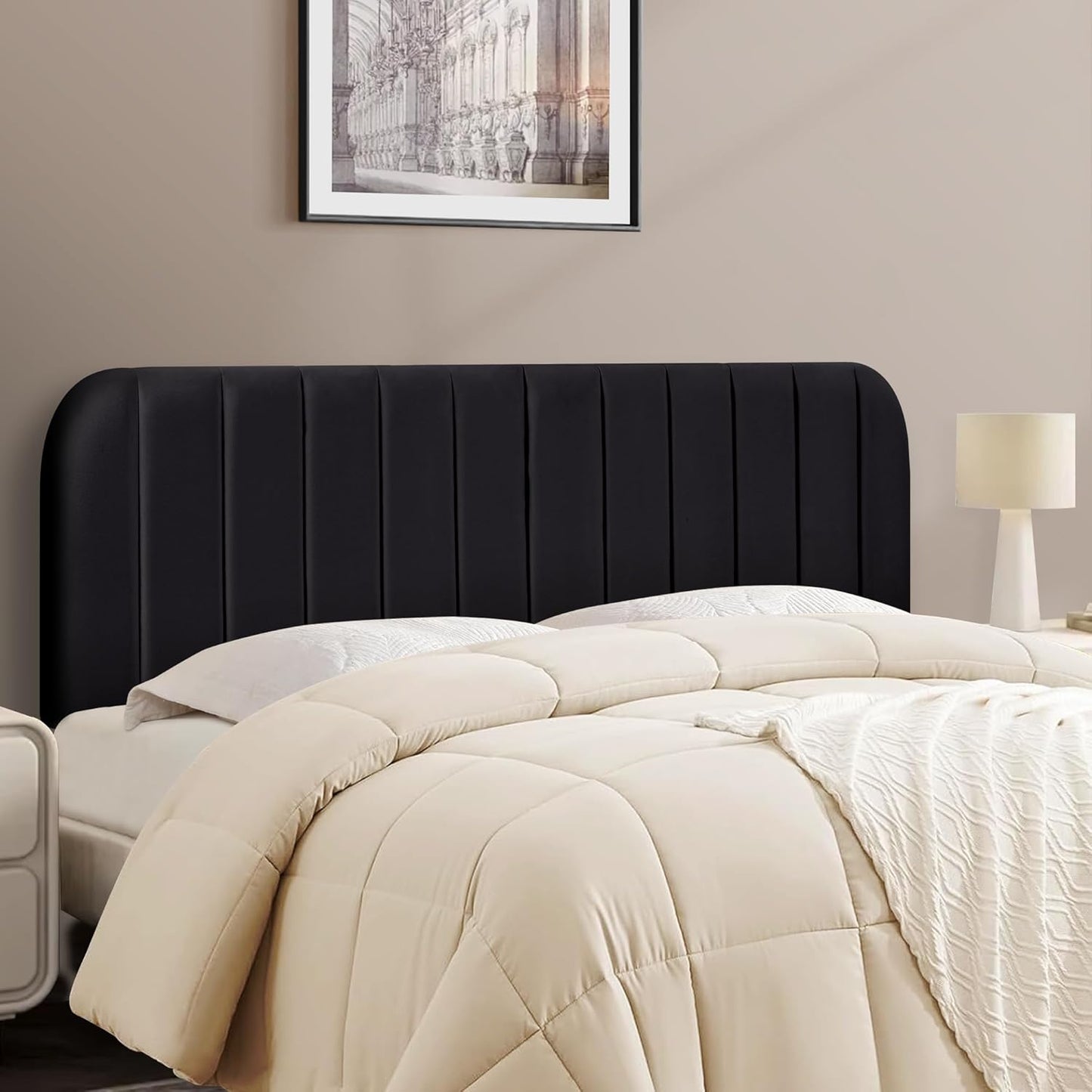 Upholstered Headboard - Striped Interval - Adjustable Height - Metal Legs - Bed Frame (Beige, Queen (U.S. Standard))