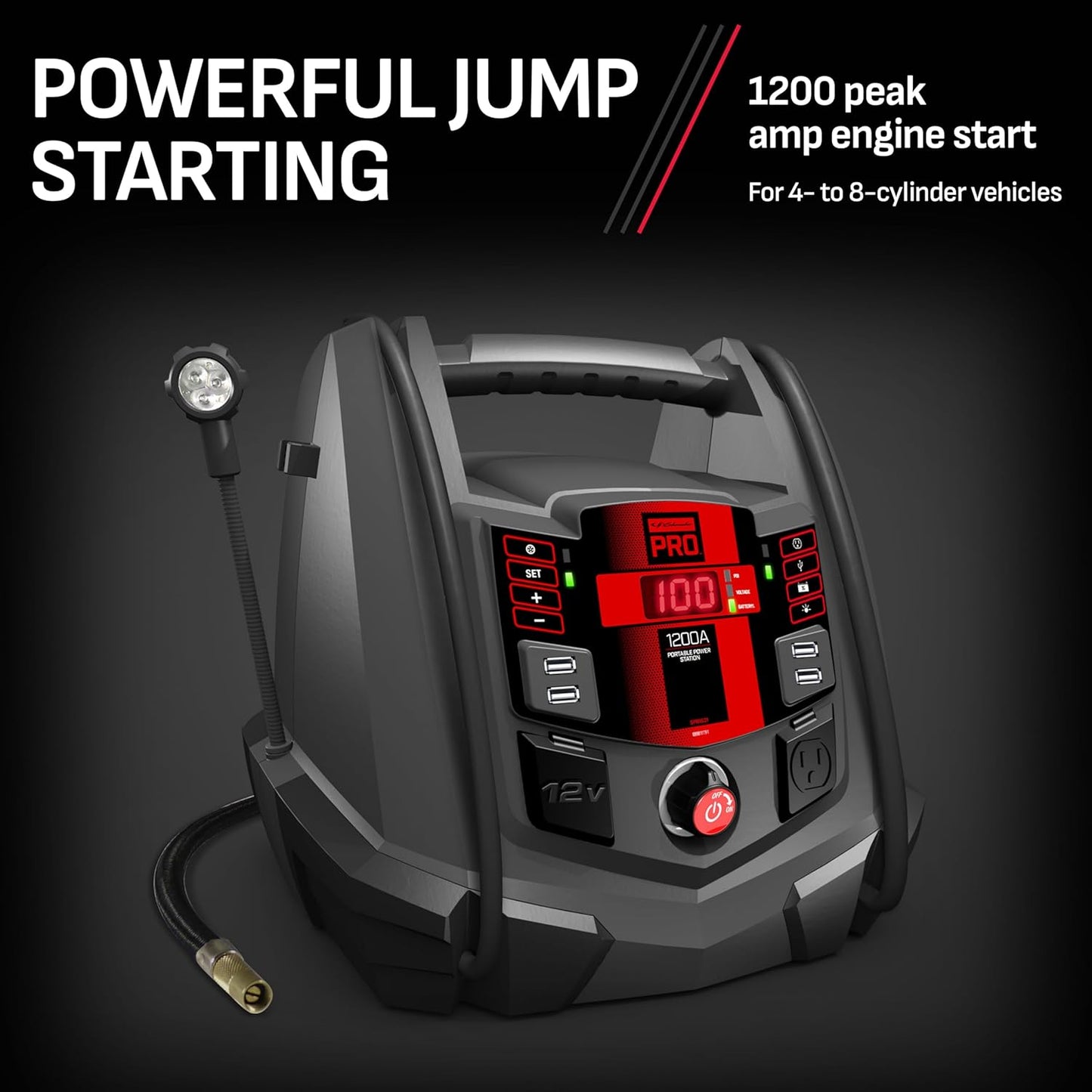 Schumacher Electric Jump Starter and Portable Power Station, 5-in-1 with Inverter, Air Compressor, and Work Light, SPR1631-1200 Peak Amps, 12 Volt, for Cars, Trucks, RV's and Marine Batteries