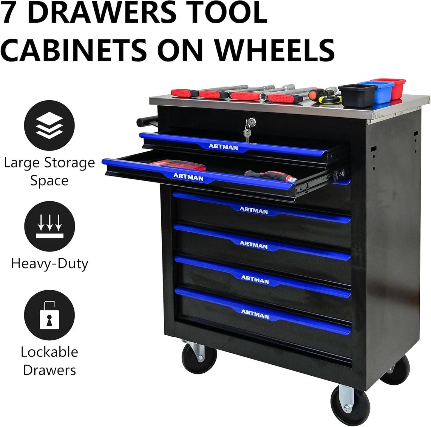 7-Drawer Heavy-Duty Rolling Steel Tool Cart with Handle&Wheels, Metal Storage Organizer Cabinet, Tool Chest for Efficient Tool Storage in Garage, Warehouse, Workshop, Repair Shop, Blue