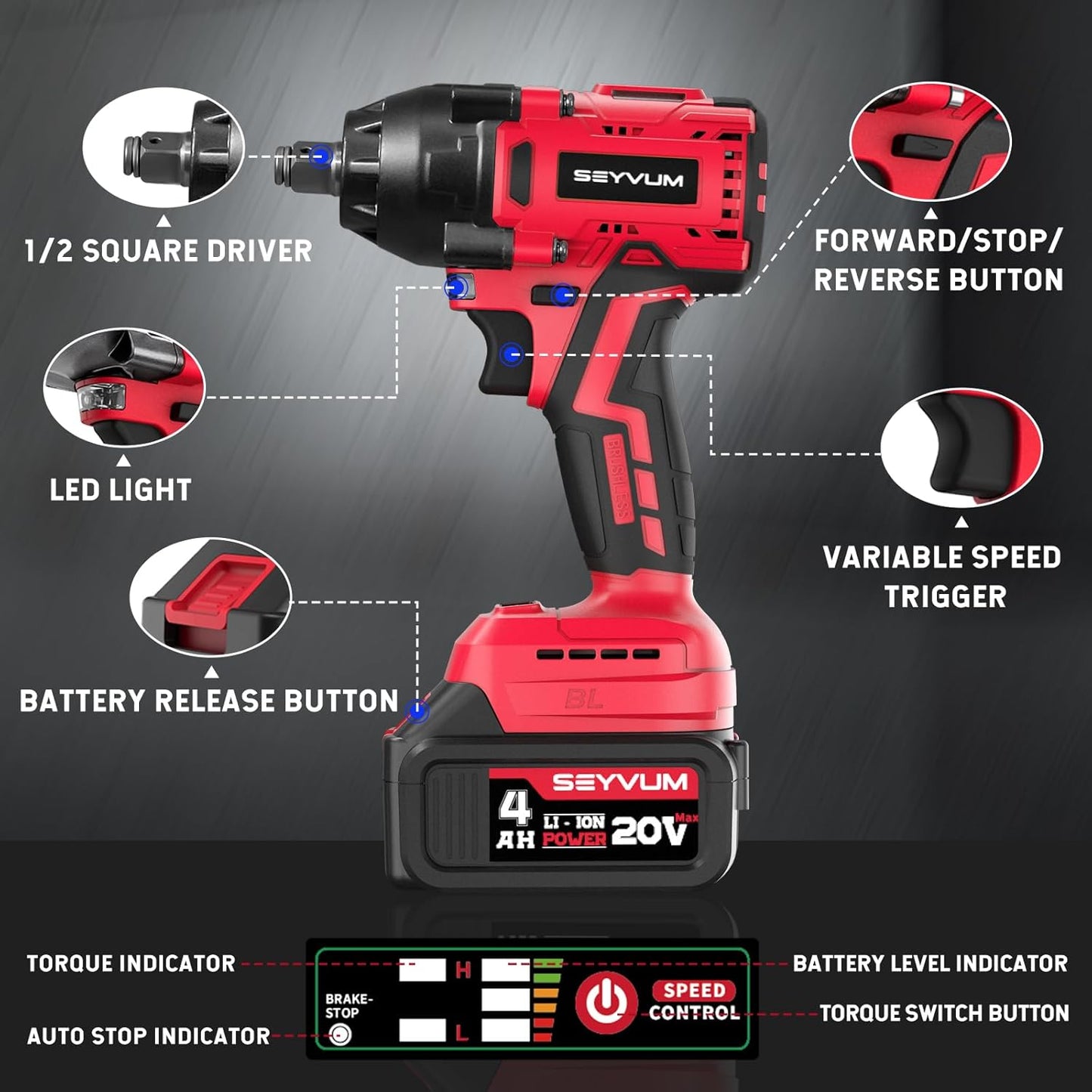 SEYVUM Impact Wrench,1/2" Impact Gun, Power Impact Driver Max Torque 320 Ft-lbs (430N.m), Cordless Impact Wrench with 20V Brushless Motor, 4.0Ah Li-ion Battery with Fast Charger, 4 Pcs Impact Sockets
