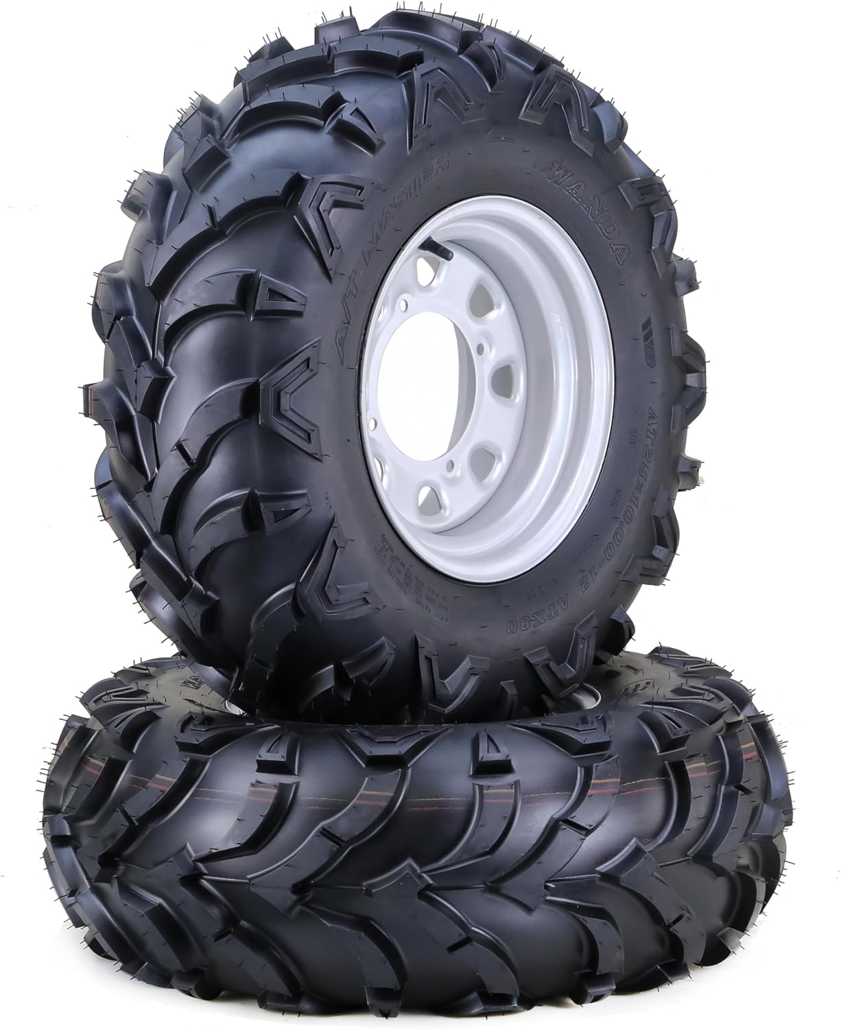 WANDA 25x8-12 Solid Mud ATV Tires and Wheels Assembly with 4-110 PCD 5+2 Silver Rims, SET 2