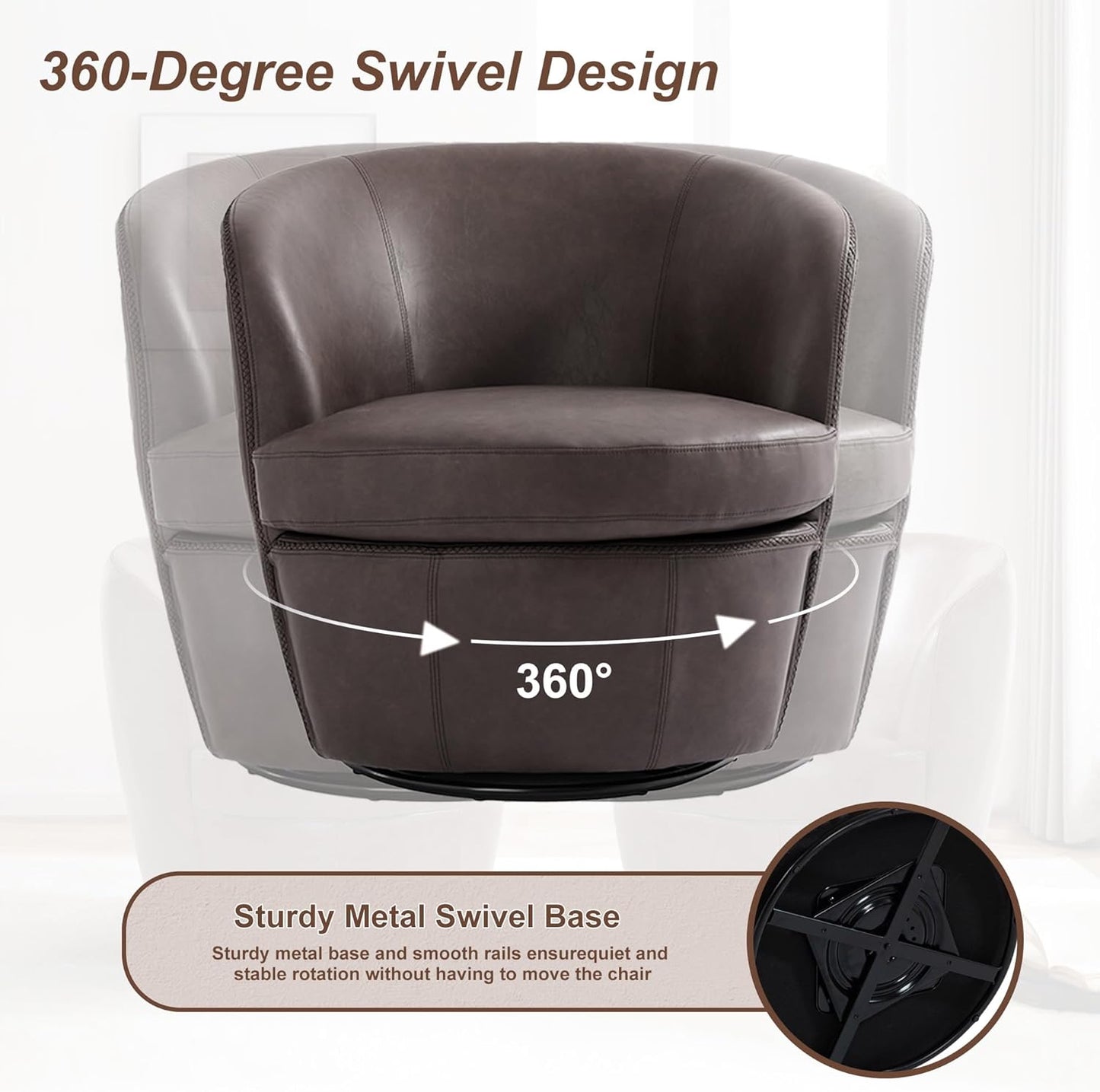 UIXE PU Leather Swivel Barrel Accent Chair, Modern Round Swivel Chair Comfy Upholstered Armchair for Living Room, Vintage Arm Chair Single Sofa Bedroom Reading Seats - Chocolate
