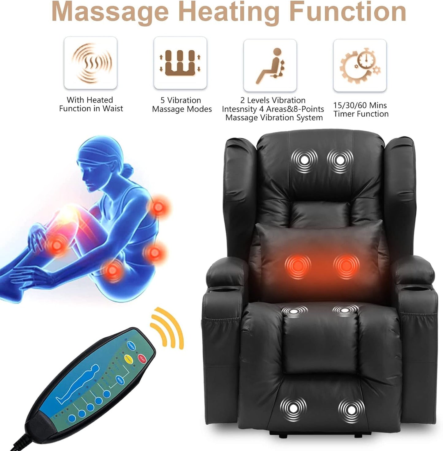 IPKIG Power Lift Chairs Recliners for Elderly with Massage and Heated, Faux Leather Power Recliner Chair with USB Ports/2 Remote Control/4 Side Pocket for Living Room, Bedroom (Black)