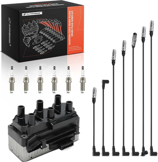 A-Premium 1 Ignition Coils with 7 Wire and 6 Iridium Spark Plugs Compatible with Volkswagen Jetta 1994-1998, Passat 1994-1997, Golf 1995-1998, Corrado 1993-1994, 2.8L