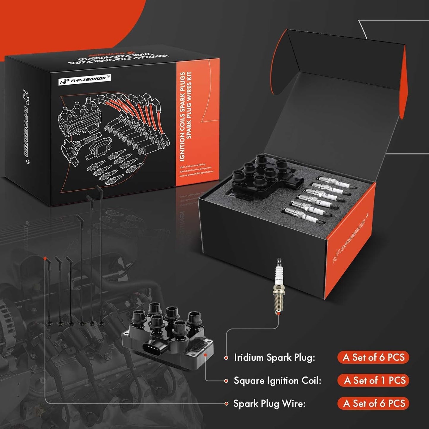 A-Premium 1 Ignition Coils with 6 Spark plug Wires and 6 Iridium Spark Plugs Compatible with Ford Explorer 2006-2010, Explorer Sport Trac, Mustang, Ranger & Mazda B4000 & Mercury Mountaineer, V6 4.0L