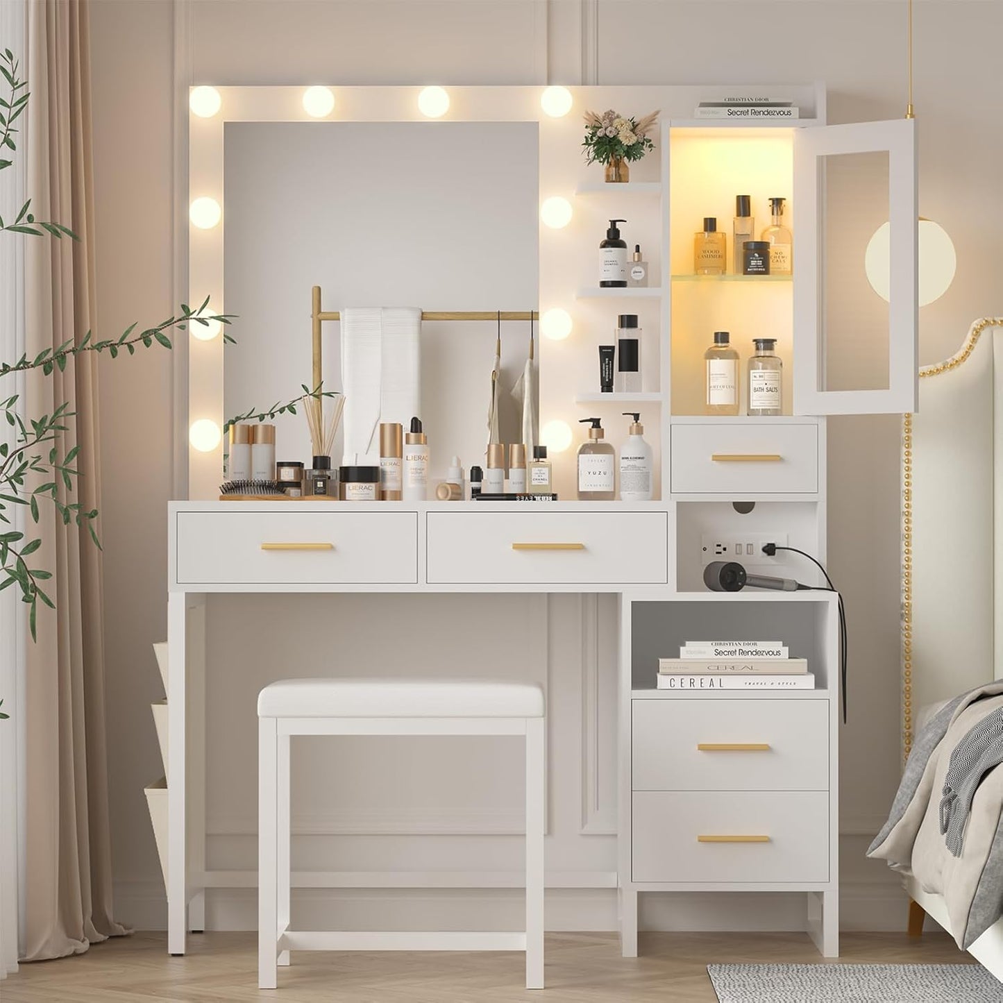 White Makeup Vanity Desk with Mirror and Lights, Large Vanity Table Set with Charging Station, Dressing Table with RGB Cabinets, Makeup Vanity Mirror with Light Desk and Drawers, 3 LED Light Modes
