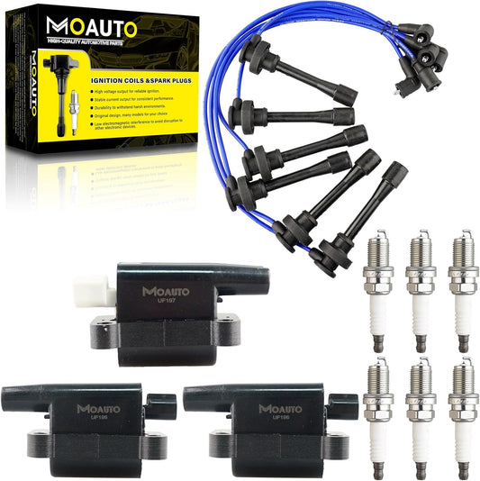 Set of 2 UF196 and 1 UF197 Ignition Coils Pack & 6 PCS Iridium Spark Plugs with Wire Set Compatible with Mitsubishi Montero 1997-2002 Montero Sport 1997-2004 - V6 3.5L 3.0L