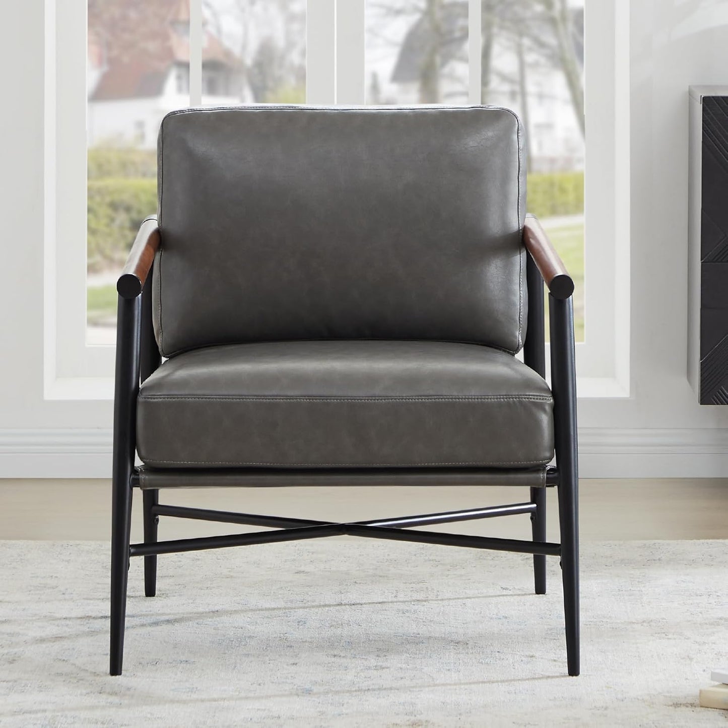 Watson & Whitely Mid Century Modern Accent Chair Set of 2, Faux Leather Armchair Comfy Upholstered Lounge Reading Chair for Living Room Bedroom Cafe Waiting Room, Dark Grey