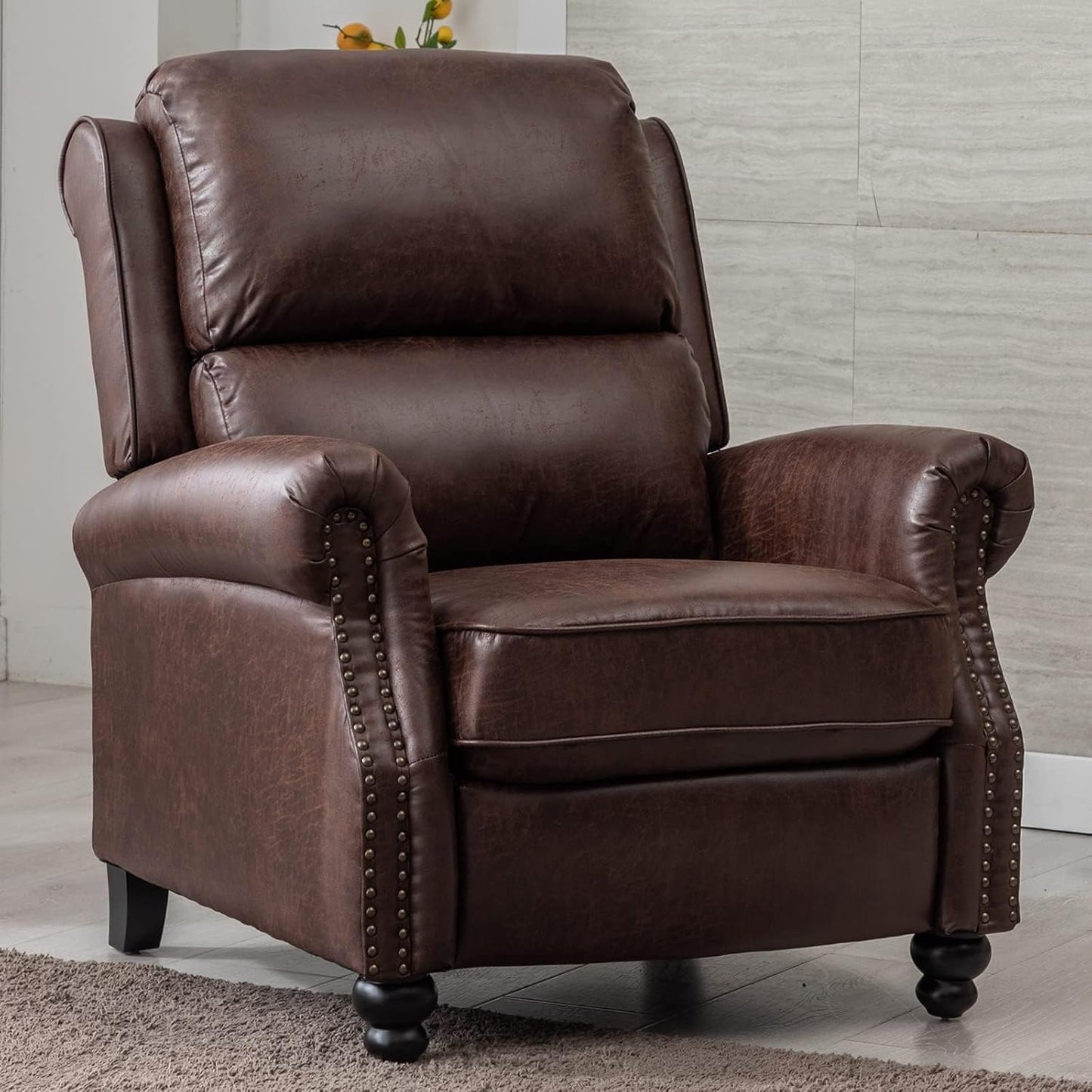 CANMOV Pushback Recliner Chair Faux Leather Armchair Push Back Recliner with Rivet Decoration Single Sofa Accent Chair for Living Room, Chocolate