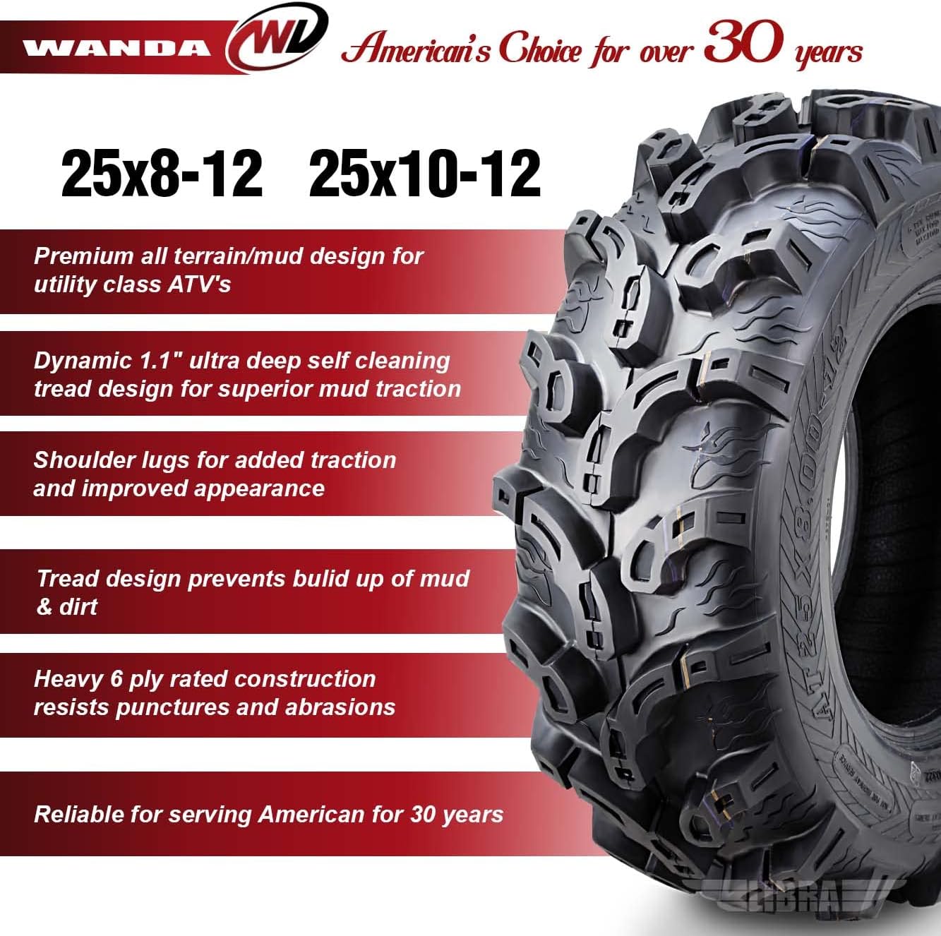WANDA 25X8X12 25X10X12 fit 04-07 Suzuki EIGER 400 VINSON 500 TWIN PEAKS 700 ATV Tire Set Super Mud, Set of 4