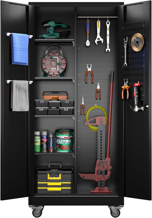 71" H Broom Storage Cabinet with Wheels and Doors,Rolling Tool Cabinet with Pegboard,Shelves and Rod for Garage Warehouse Home,Required Assembly,Black
