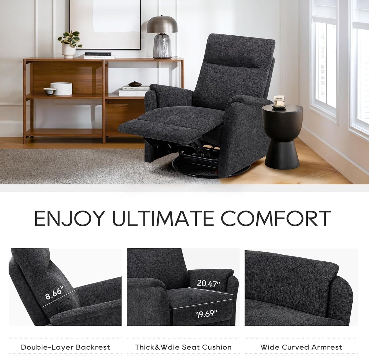 COLAMY Swivel Recliner Chair-Nursery Glider Rocking Chair, Swivel Rocker Recliner Chair, Fabric Reclining Single Sofa with Wide Footrest, Deep Seat, Thick Cushion for Living Room, Bedroom-Darkgrey