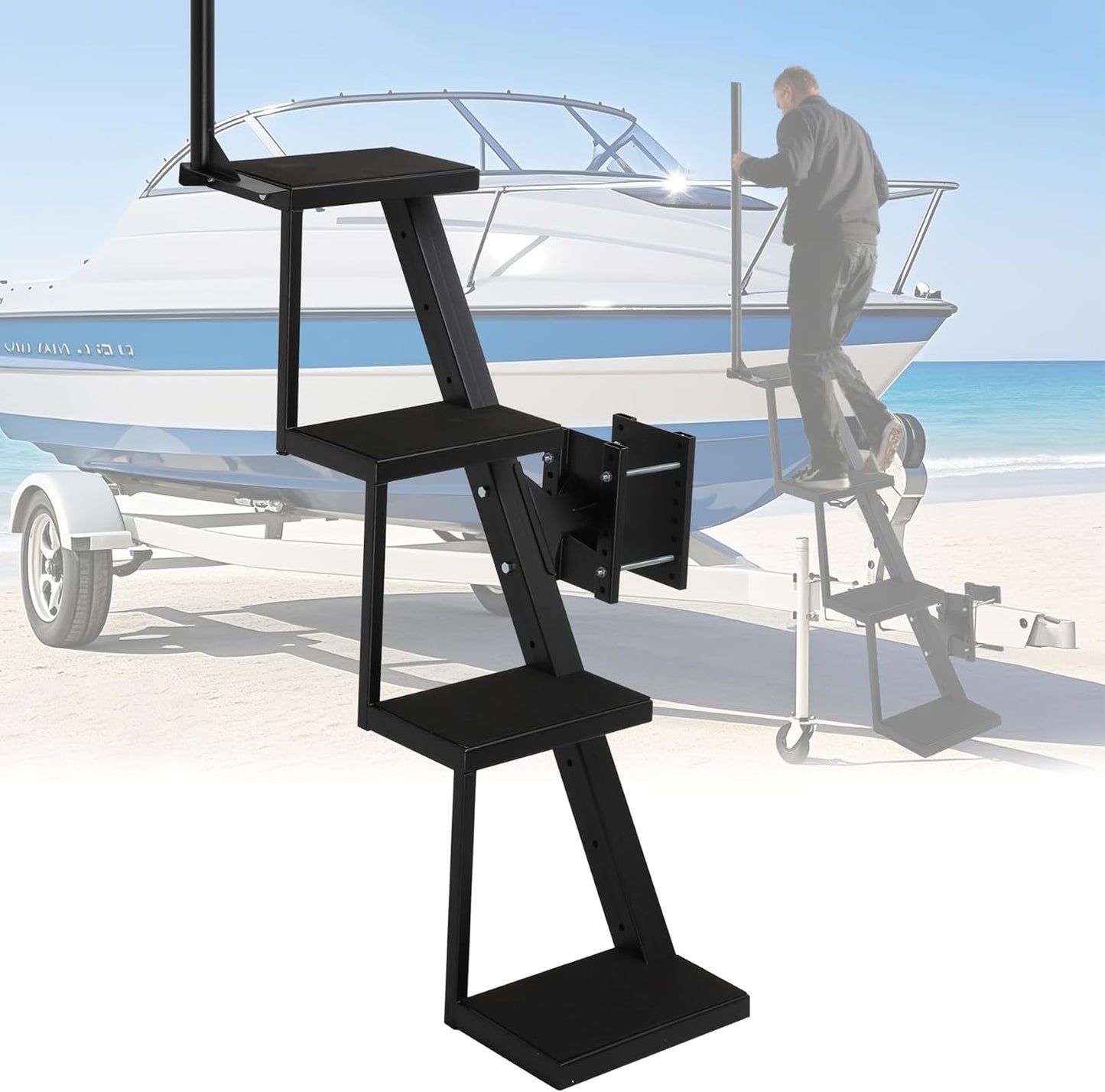 Boat Trailer Steps 3 Step w/Anti-Slip Mat & Handrail, 400LBS Capacity Boat Steps, Universal Fit Boat Trailer Tongue Steps, Flexible Step Height Installation, Easy Assembly & Safe Access
