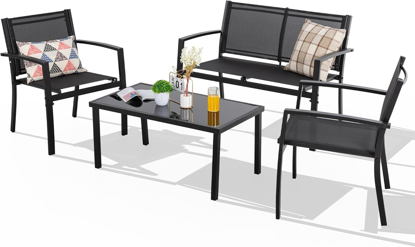 Shintenchi 4 Pieces Patio Furniture Set All Weather Textile Fabric Outdoor Conversation Set, with Glass Coffee Table, Loveseat, 2 Single Chairs for Home, Garden, Lawn, Porch（Silver）