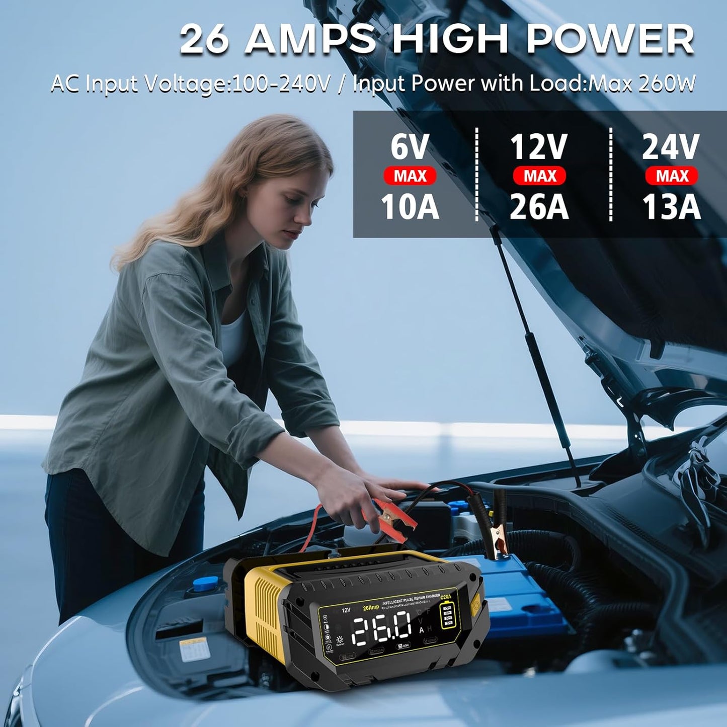 26 Amp Battery Charger, 6V/12V/24V Lithium LiFePO4 Lead Acid Smart Car Battery Charger, Automotive Maintainer Trickle Charger for Car, SUV, Motorcycle, Boat, Lawn Mower