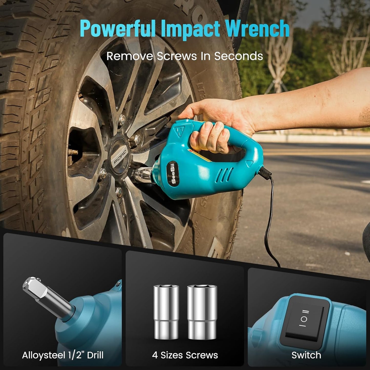 SEESII Electric Car Jack Kit 5 Ton 17.7 Inch Lift Range 3in1 car jack Hydraulic with Impact Wrench and Tire Inflator Floor Jack for SUV/Pickup/Truck/Sedan Roadside Emergency Tire Change Spare Tool Set