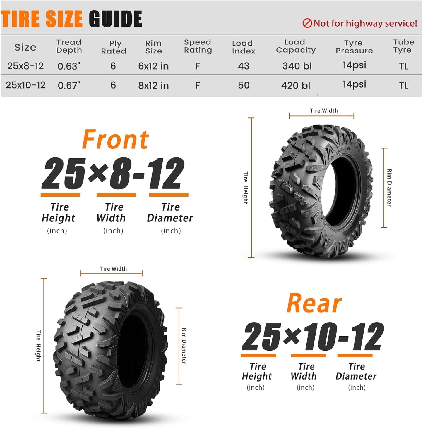 TRIPOWER ATV UTV Tires 25x8-12 & 25x10-12 All Terrain Trail Sand Mud Off-Road Tires, 6 Ply Tubeless Full Set of 4