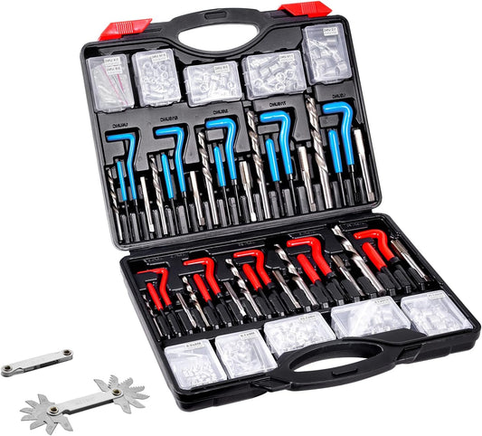 VEVOR Helicoil Thread Repair Kit-338-Piece SAE HSS Drill Inserts Taps & Tools M5,M6,M8,M10,M12,1/4",5/16",3/8",7/16",1/2" Rethreading Tool Kit Insertion Rethreading Tools Universal Rethread Restorer