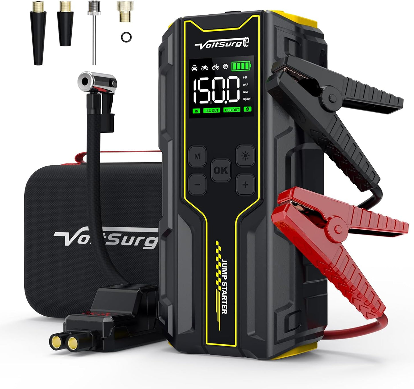 Car Jump Starter with Air Compressor, VoltSurge 6000A Peak 12V Battery Jumper Starter Portable Booster Pack, 150PSI Safe Jump Box with LED Light(Up to 10L Gas/8L Diesel Engine)
