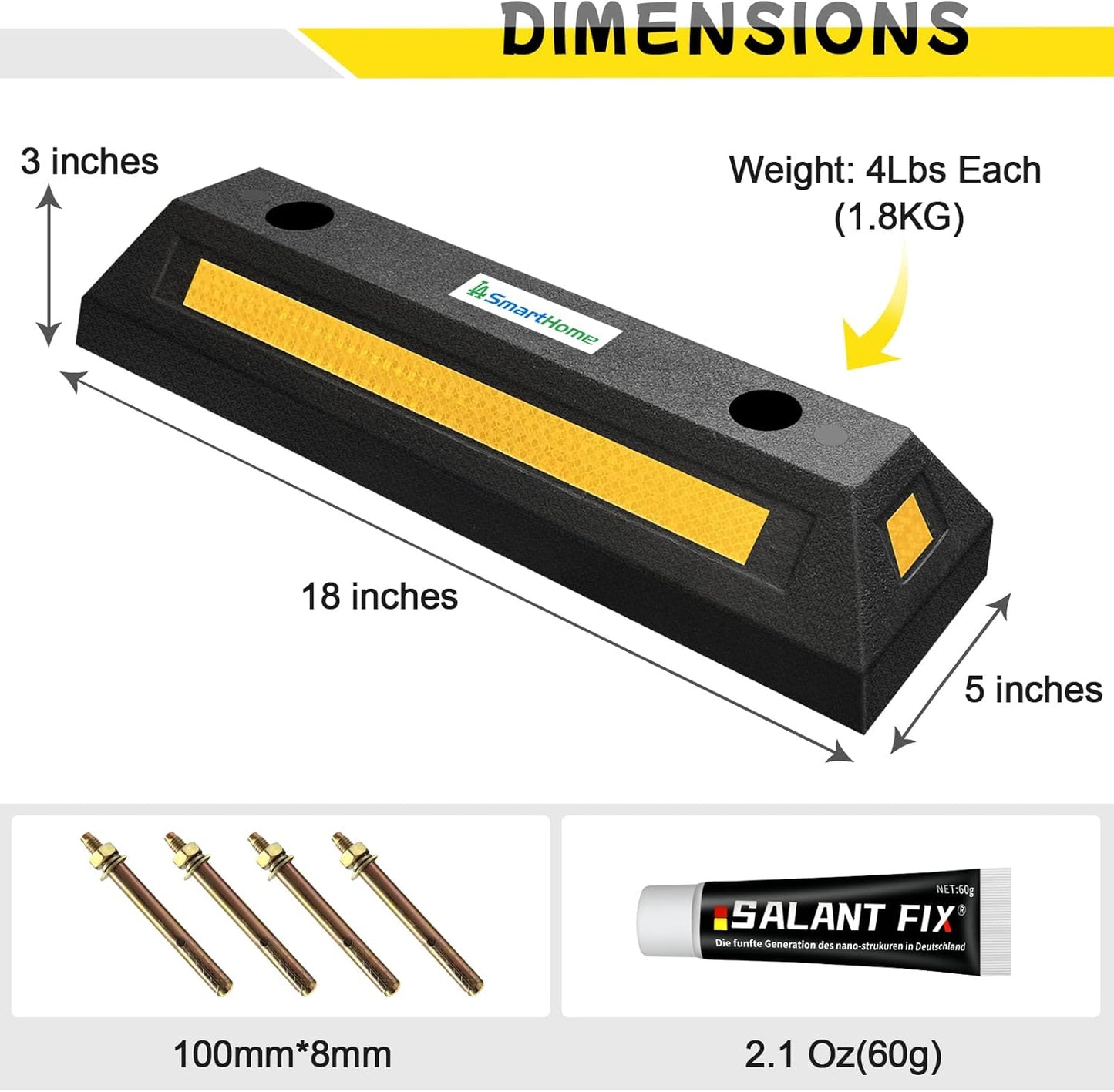 Car Parking Stopper – 2PCs Heavy Duty Rubber Curb Car Stop for Garage and Driveway, Parking Aid, 18” Tire Wheel Stop for Cars, Vans, Trucks – Prevents Hitting Wall or Barrier – Easy Installation