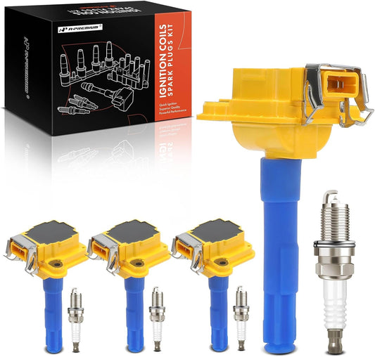 A-Premium (Yellow) Set of 8 Ignition Coil Pack and Iridium Spark Plugs Compatible with Volkswagen Passat 1998-1999, Golf 2002/2004-2005 & Audi A4 1997-2000, A4 Quattro 1997-2000, A8 Quattro 1997-1999