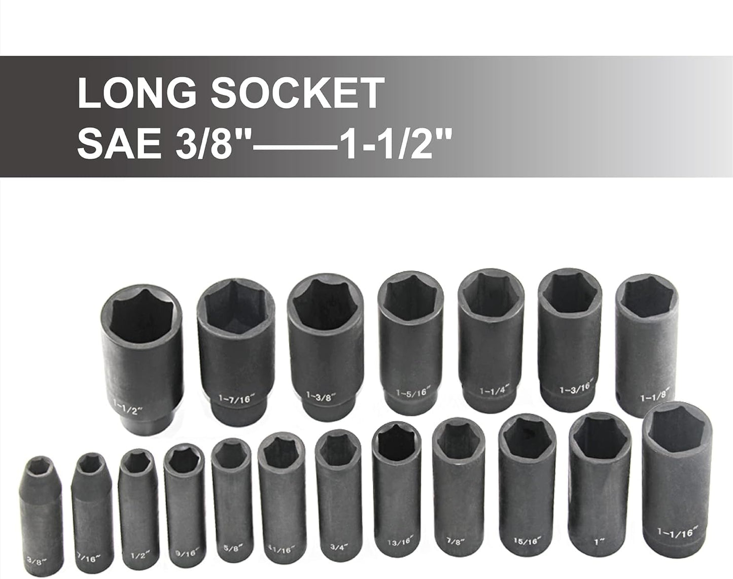 19pcs 1/2" Impact Socket Set, 6-Point Deep Socket, Cr-V Steel, 3/8 inch - 1-1/2 inch