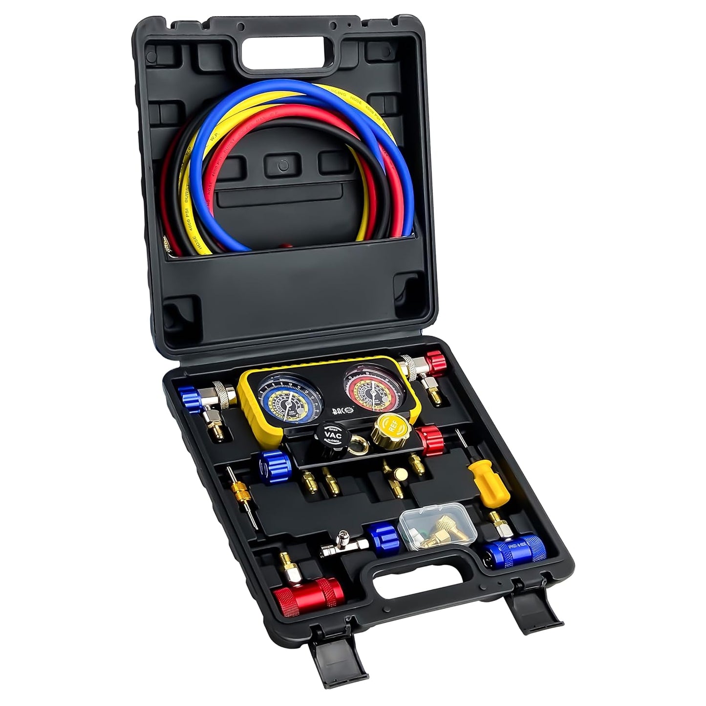 BACOENG AC R1234YF Gauge Set, Automotive 4 Way R1234yf Refrigerant Recharge Kit, R134A AC Manifold Gauge Set with 5FT Hoses for Car Charging and Evacuation