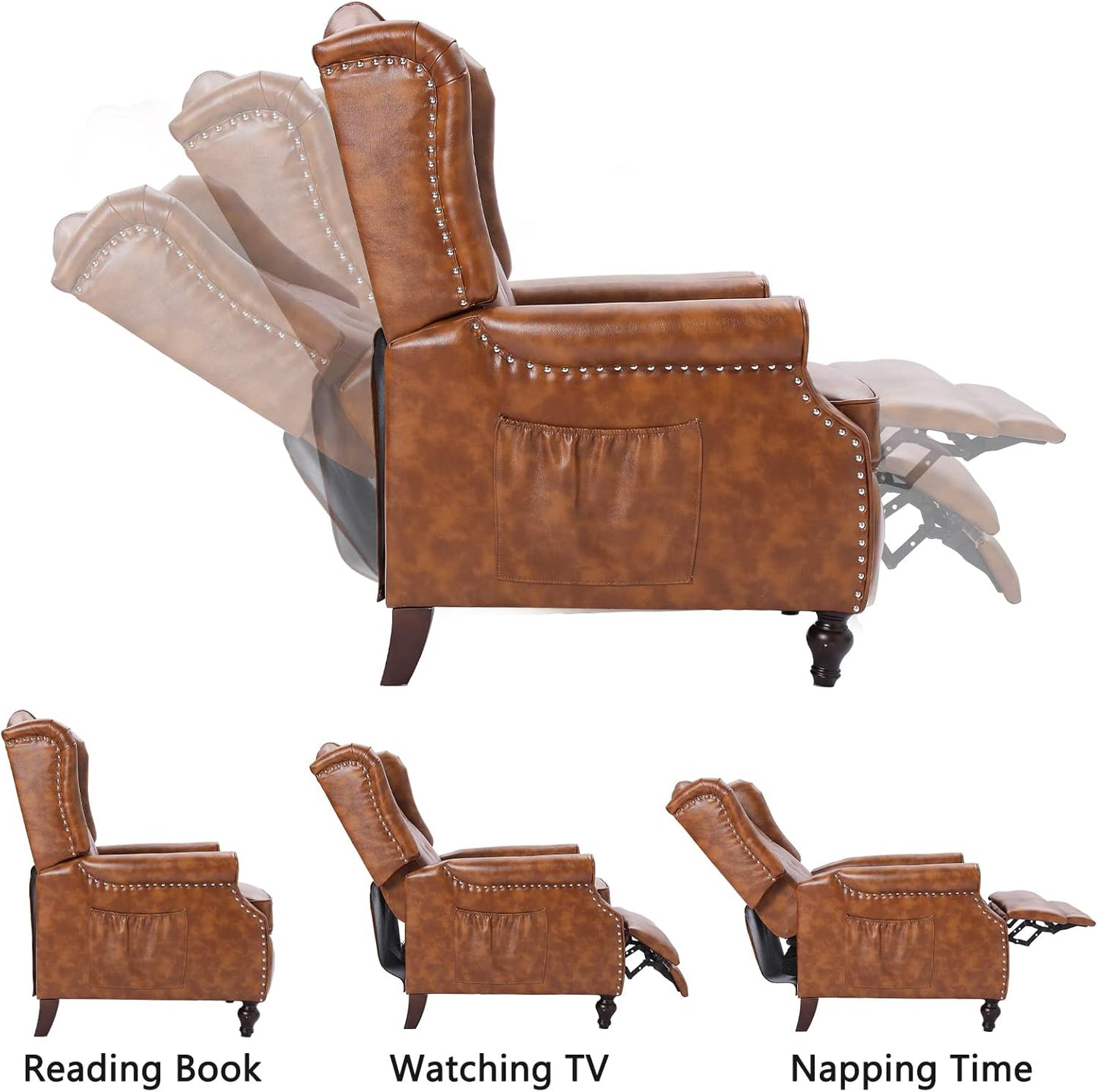 Wingback Recliner Chair, Push Back Arm Chair with Heat and Massage, PU Leather Single Sofa for Home, Living Room, Office, Bedroom(Cognac Brown,Set of 2)