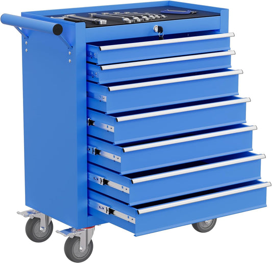 7-Drawer Rolling Tool Chest with Wheels, High Capacity Tool Box with Drawers, Metal Tool Storage Cabinet with Interlock System for Garage, Warehouse and Repair Shopp, Blue