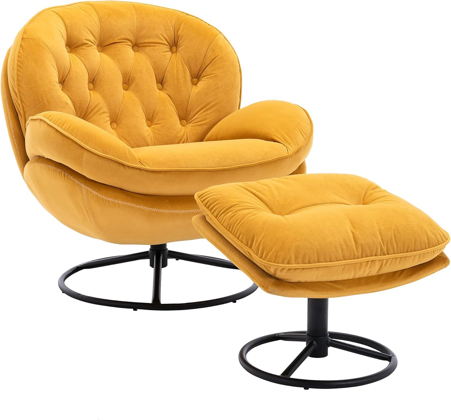 Velvet Cozy Chaise Lounge Indoor, Oversized Swivel Reading Chair with Footrest, Accent Chair with Ottoman Set for Living Room, Bedroom, Reading Room, Home Office, Metal Base Frame (Beige)