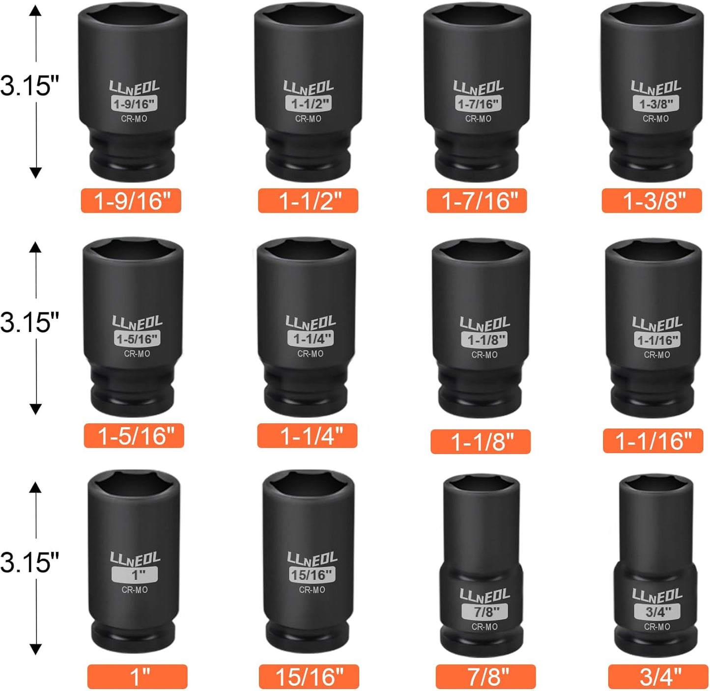 3/4 Inch Drive Socket Set, 12Pcs Impact Deep/Jumbo Sockets, Standard SAE 3/4" to 1-9/16", 6-Point CR-MO Heavy-Duty Big Socket Set for Large Vehicle & Equipment Maintenance